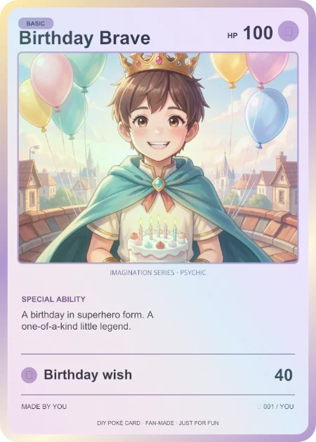 Birthday Brave trading card: A birthday in superhero form
