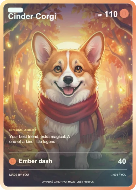 Cinder Corgi trading card: Your best friend, extra magical