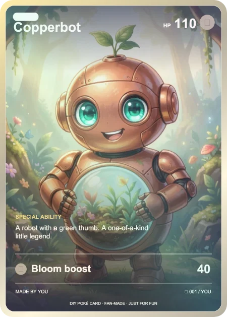 Copperbot trading card: A robot with a green thumb