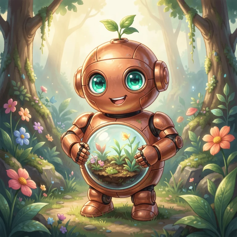 Copperbot: A robot with a green thumb. AI artwork made in this studio.